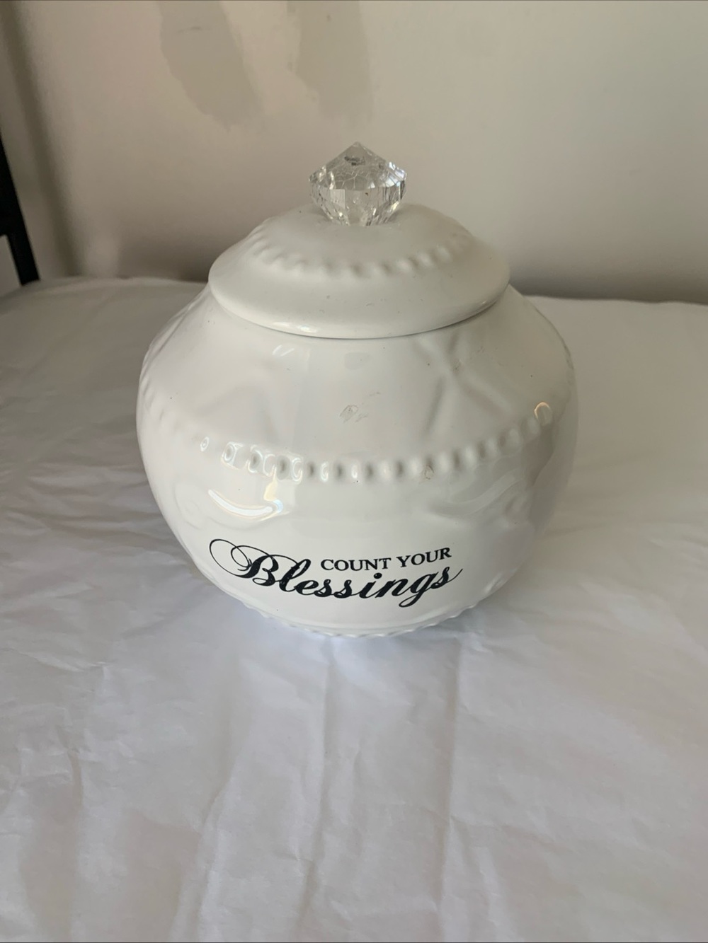 White 'Count Your Blessings' Ceramic Decorative Jar with Crystal Knob